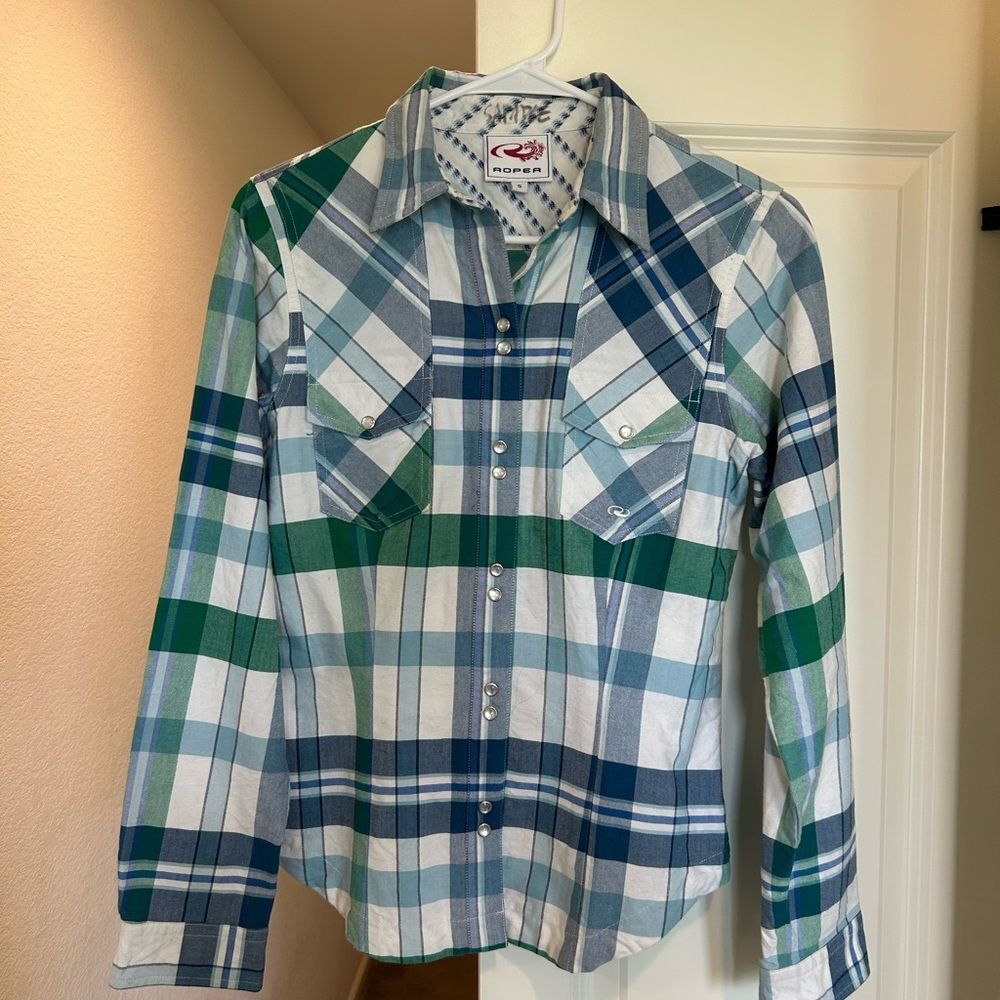 Roper Green Blue White Plaid Button-Down Western Shirt